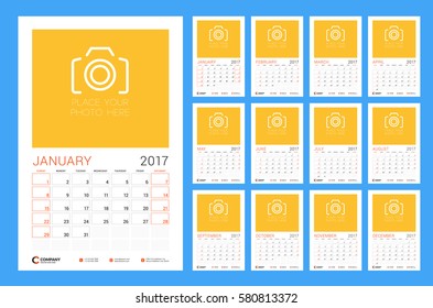 Calendar Template for 2017 Year. Week Starts Sunday. Set of 12 Months. Stationery Design. Vector Illustration