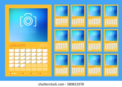 Calendar Template for 2017 Year. Week Starts Sunday. Set of 12 Months. Stationery Design. Vector Illustration