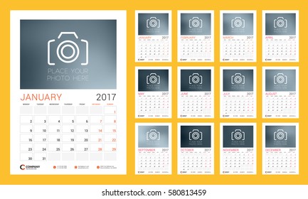 Calendar Template for 2017 Year. Week Starts Monday. Set of 12 Months. Stationery Design. Vector Illustration