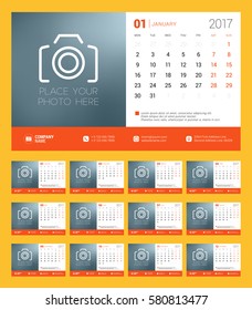 Calendar Template for 2017 Year. Week Starts Monday. Set of 12 Months. Stationery Design. Vector Illustration