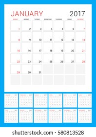 Calendar Template for 2017 Year. Week Starts Sunday. Set of 12 Months. Stationery Design. Vector Illustration