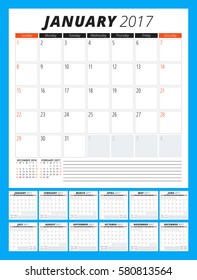 Calendar Template for 2017 Year. Week Starts Sunday. Set of 12 Months. Stationery Design. Vector Illustration