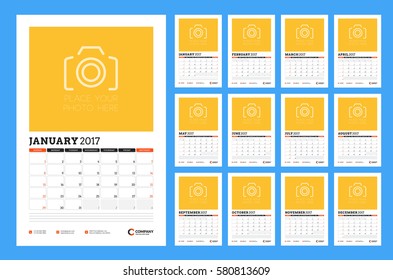 Calendar Template for 2017 Year. Week Starts Sunday. Set of 12 Months. Stationery Design. Vector Illustration