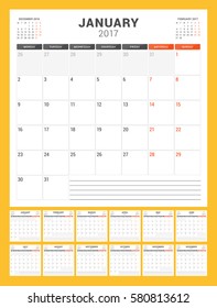 Calendar Template for 2017 Year. Week Starts Monday. Set of 12 Months. Stationery Design. Vector Illustration