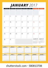 Calendar Template for 2017 Year. Week Starts Monday. Set of 12 Months. Stationery Design. Vector Illustration