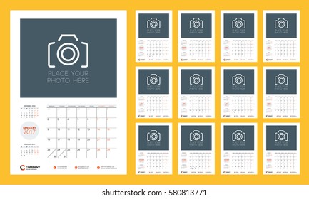Calendar Template for 2017 Year. Week Starts Monday. Set of 12 Months. Stationery Design. Vector Illustration