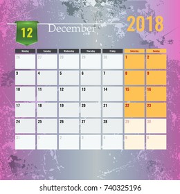 Calendar template for 2018 December month with Abstract grunge background.