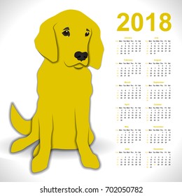 Calendar Template for 2018 with Dog. Week Starts Sunday. Vector Illustration