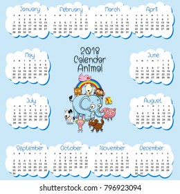 Plantilla de calendario para 2018 con muchas ilustraciones de animales