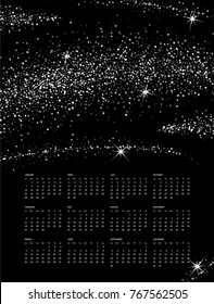 Calendar template for 2018 with silver wave on black background. Vector illustration.