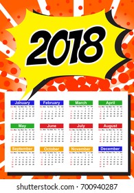 Calendar Template for 2018 with Week Starts Sunday. Vector Illustration