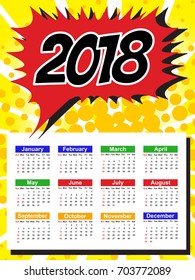 Calendar Template for 2018 with Week Starts Sunday. Vector Illustration