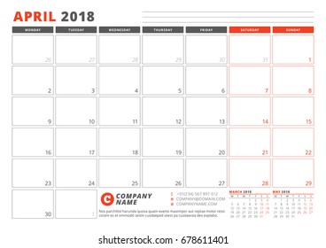 Calendar Template for 2018 Year. April. Business Planner 2018 Template. Stationery Design. Week starts on Monday. 3 Months on the Page. Vector Illustration