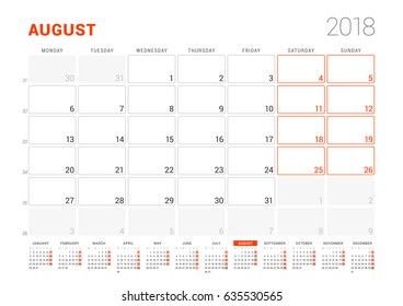 Calendar Template for 2018 Year. August. Business Planner with Year Calendar. Stationery Design. Week starts on Monday. Vector Illustration