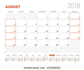 Calendar Template for 2018 Year. August. Business Planner with Year Calendar. Stationery Design. Week starts on Sunday. Vector Illustration