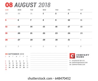 Calendar Template for 2018 Year. August. Business Planner Template. Stationery Design. Week starts on Sunday. 2 Months on the Page. Vector Illustration