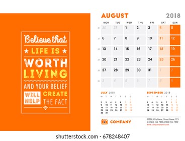 Calendar Template for 2018 Year. August. Design Template with Motivational Poster. 3 Months on Page. Week starts on Monday. Vector Illustration