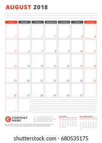 Calendar Template for 2018 Year. August. Business Planner 2018 Template. Stationery Design. Week starts on Sunday. Vector Illustration
