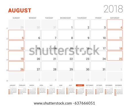 Calendar Template for 2018 Year. August. Business Planner with Year Calendar. Stationery Design. Week starts on Sunday. Vector Illustration