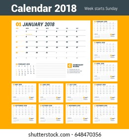 Calendar Template for 2018 Year. Business Planner Template. Stationery Design. Week starts on Sunday. Set of 12 Months. Vector Illustration