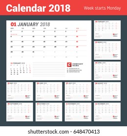 Plantilla del calendario para el año 2018. Planificador de negocios. Diseño estacional. La semana empieza el lunes. 2 meses en la página. Ilustración del vector