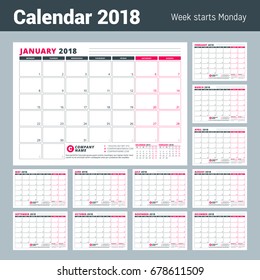 Calendar Template for 2018 Year. Business Planner. Stationery Design. Week starts on Monday. Set of 12 Months Vector Illustration