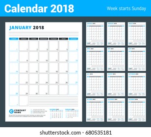 Calendar Template for 2018 Year. Business Planner 2018 Template. Set of 12 Months. Stationery Design. Week starts on Sunday. Vector Illustration