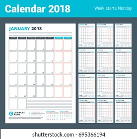 Calendar Template for 2018 Year. Business Planner 2018 Template. Stationery Design. Week starts on Monday. Set of 12 Months. Vector Illustration