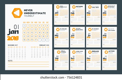 Calendar Template for 2018 Year in Clean Design With Motivational Quotes