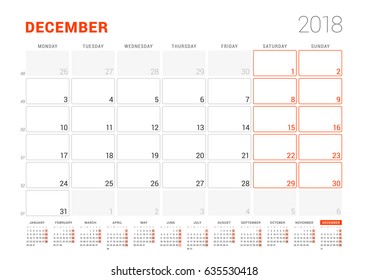 Calendar Template for 2018 Year. December. Business Planner with Year Calendar. Stationery Design. Week starts on Monday. Vector Illustration