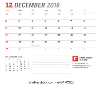 Calendar Template for 2018 Year. December. Business Planner Template. Stationery Design. Week starts on Sunday. 2 Months on the Page. Vector Illustration
