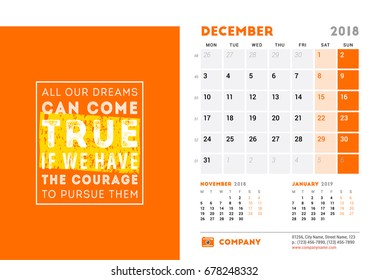 Calendar Template for 2018 Year. December. Design Template with Motivational Poster. 3 Months on Page. Week starts on Monday. Vector Illustration