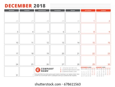 Calendar Template for 2018 Year. December. Business Planner 2018 Template. Stationery Design. Week starts on Monday. 3 Months on the Page. Vector Illustration