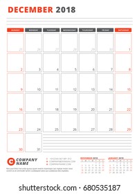 Calendar Template for 2018 Year. December. Business Planner 2018 Template. Stationery Design. Week starts on Sunday. Vector Illustration