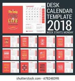 Plantilla de calendario para el año 2018. Plantilla de diseño con póster motivacional. La semana empieza el lunes. Ilustración vectorial