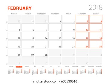 Calendar Template for 2018 Year. February. Business Planner with Year Calendar. Stationery Design. Week starts on Monday. Vector Illustration