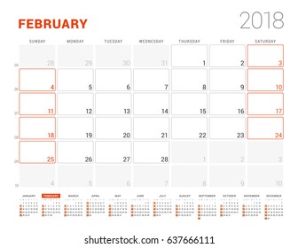 Calendar Template for 2018 Year. February. Business Planner with Year Calendar. Stationery Design. Week starts on Sunday. Vector Illustration