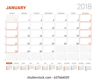 Calendar Template for 2018 Year. January. Business Planner with Year Calendar. Stationery Design. Week starts on Sunday. Vector Illustration