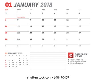 Calendar Template for 2018 Year. January. Business Planner Template. Stationery Design. Week starts on Sunday. 2 Months on the Page. Vector Illustration