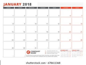 Calendar Template for 2018 Year. January. Business Planner 2018 Template. Stationery Design. Week starts on Monday. 3 Months on the Page. Vector Illustration
