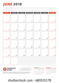 Calendar Template for 2018 Year. June. Business Planner 2018 Template. Stationery Design. Week starts on Sunday. Vector Illustration