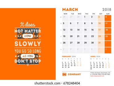Calendar Template for 2018 Year. March. Design Template with Motivational Poster. 3 Months on Page. Week starts on Monday. Vector Illustration
