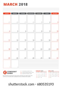 Calendar Template for 2018 Year. March. Business Planner 2018 Template. Stationery Design. Week starts on Sunday. Vector Illustration