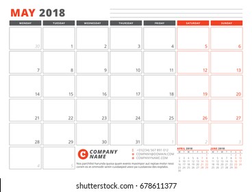 Calendar Template for 2018 Year. May. Business Planner 2018 Template. Stationery Design. Week starts on Monday. 3 Months on the Page. Vector Illustration