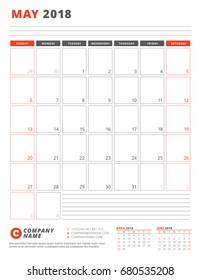 Calendar Template for 2018 Year. May. Business Planner 2018 Template. Stationery Design. Week starts on Sunday. Vector Illustration