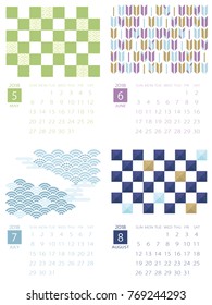 Calendar template for 2018 year. May, June, July, August