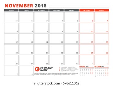 Calendar Template for 2018 Year. November. Business Planner 2018 Template. Stationery Design. Week starts on Monday. 3 Months on the Page. Vector Illustration