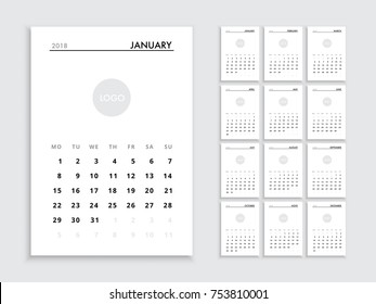 Calendar template for 2018 year. Planner vector diary in a minimalist style. Corporate and business calendar template. Day planner for records throughout the year.  Planer for the new year minimalist 