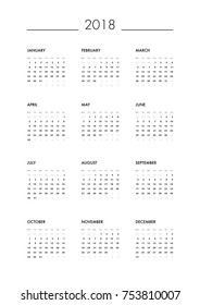 Calendar template for 2018 year. Planner vector diary in a minimalist style. Corporate and business calendar template. Day planner for records throughout the year.