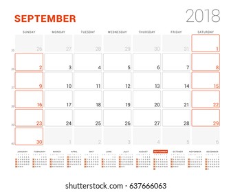 Calendar Template for 2018 Year. September. Business Planner with Year Calendar. Stationery Design. Week starts on Sunday. Vector Illustration